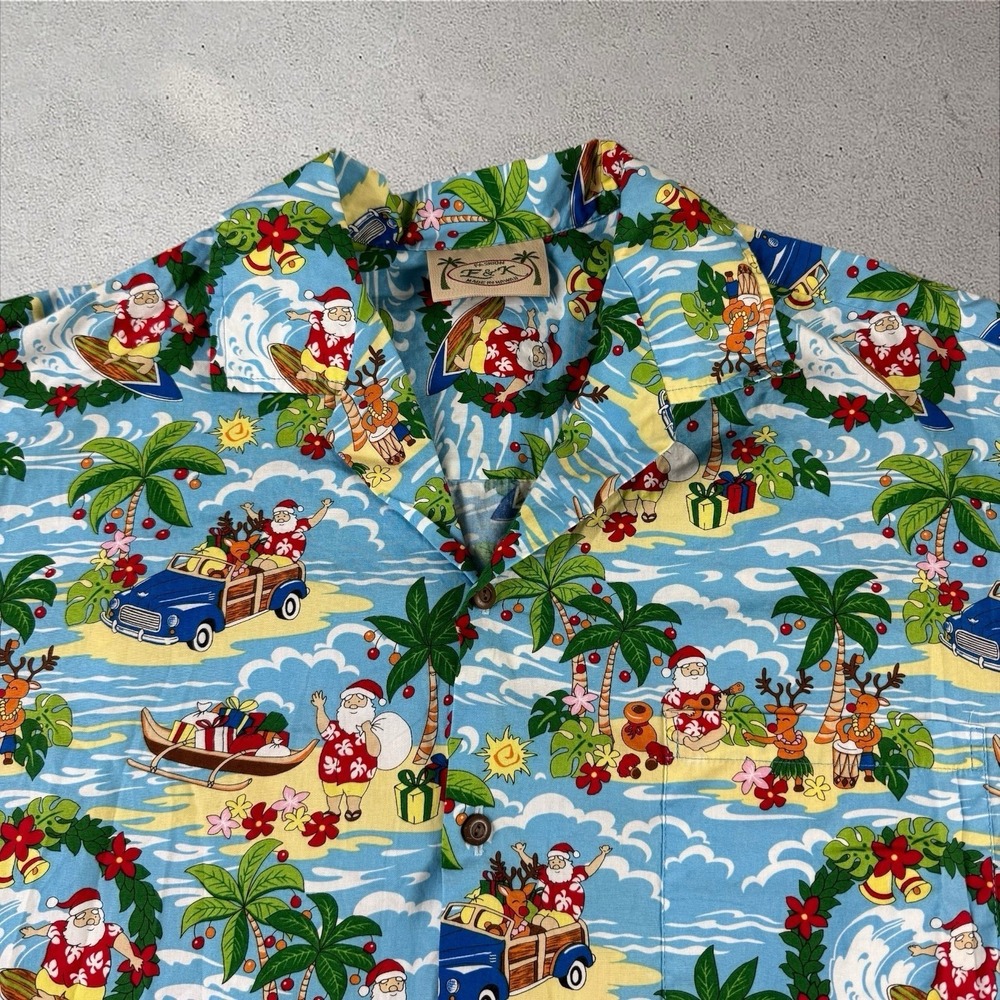 Vtg Hawaiian Tropical Santa‎ Christmas Holiday Beach Reindeer Shirt Sz XL Hawaii